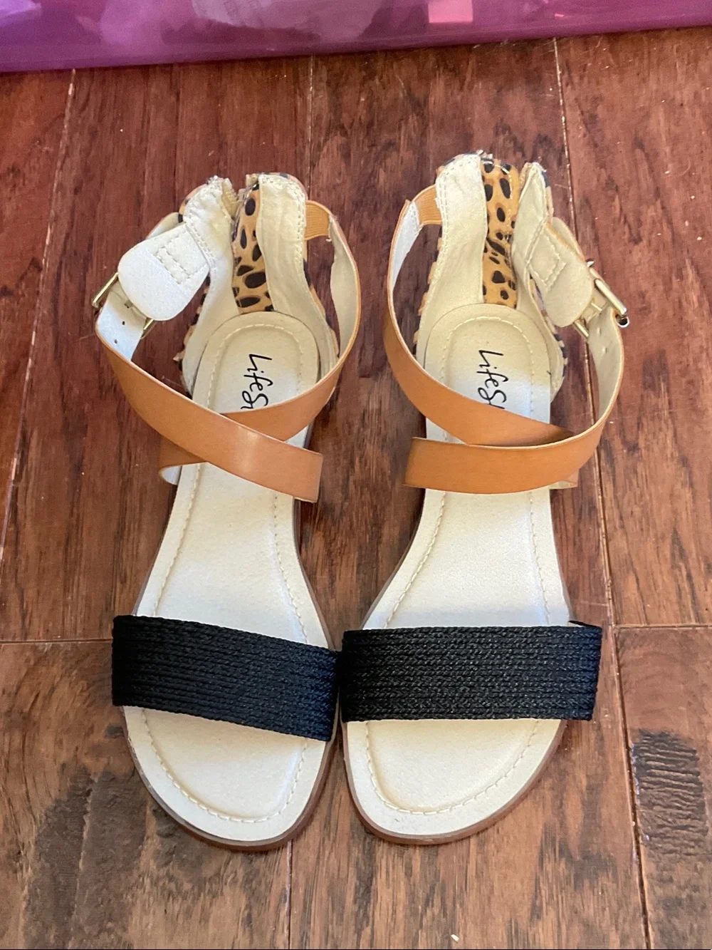 Life Stride Women’s Espadrille Sandals in Black, Tan, Cream with Leopard Accent